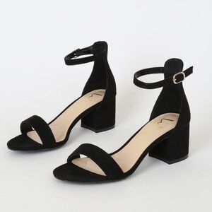 Lulu’s Harper Black Faux Suede Ankle Strap Block Heel Sandals, Size 5.5